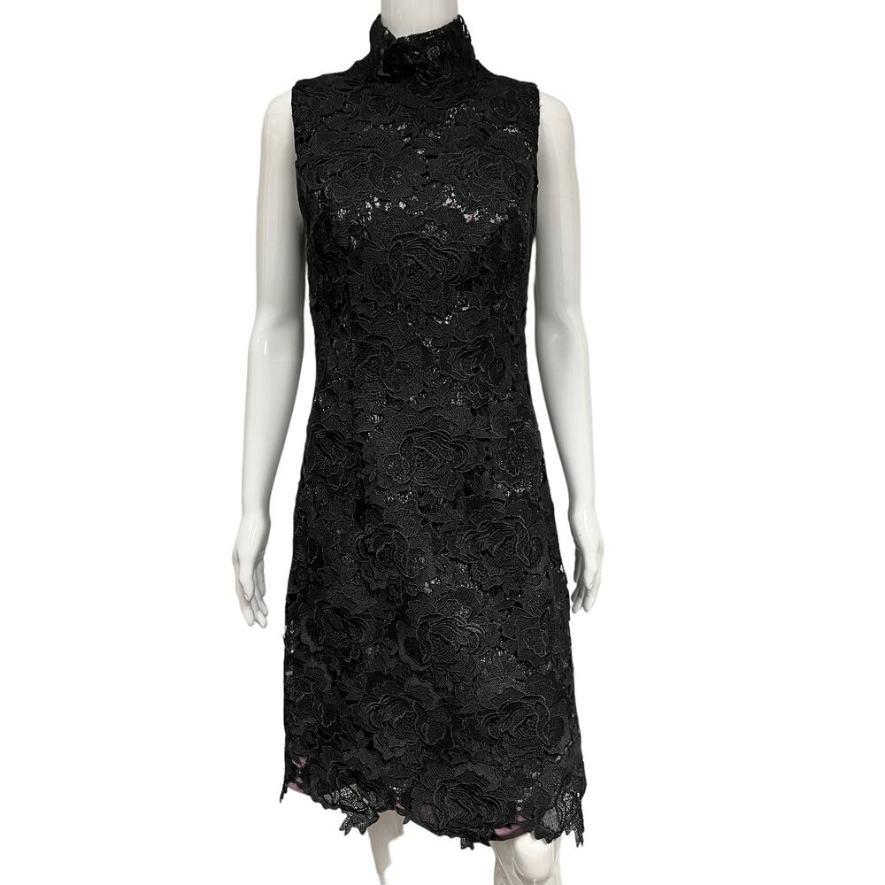 MONIQUE LHULLIER Black/Pink Lace Sleeveless Fit and Flare Short Dress Size 4